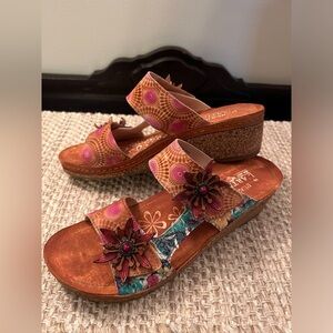 L'Artiste by Spring Step Polka-CAM Cork Wedge Sandals Size EU 42 Leather Floral